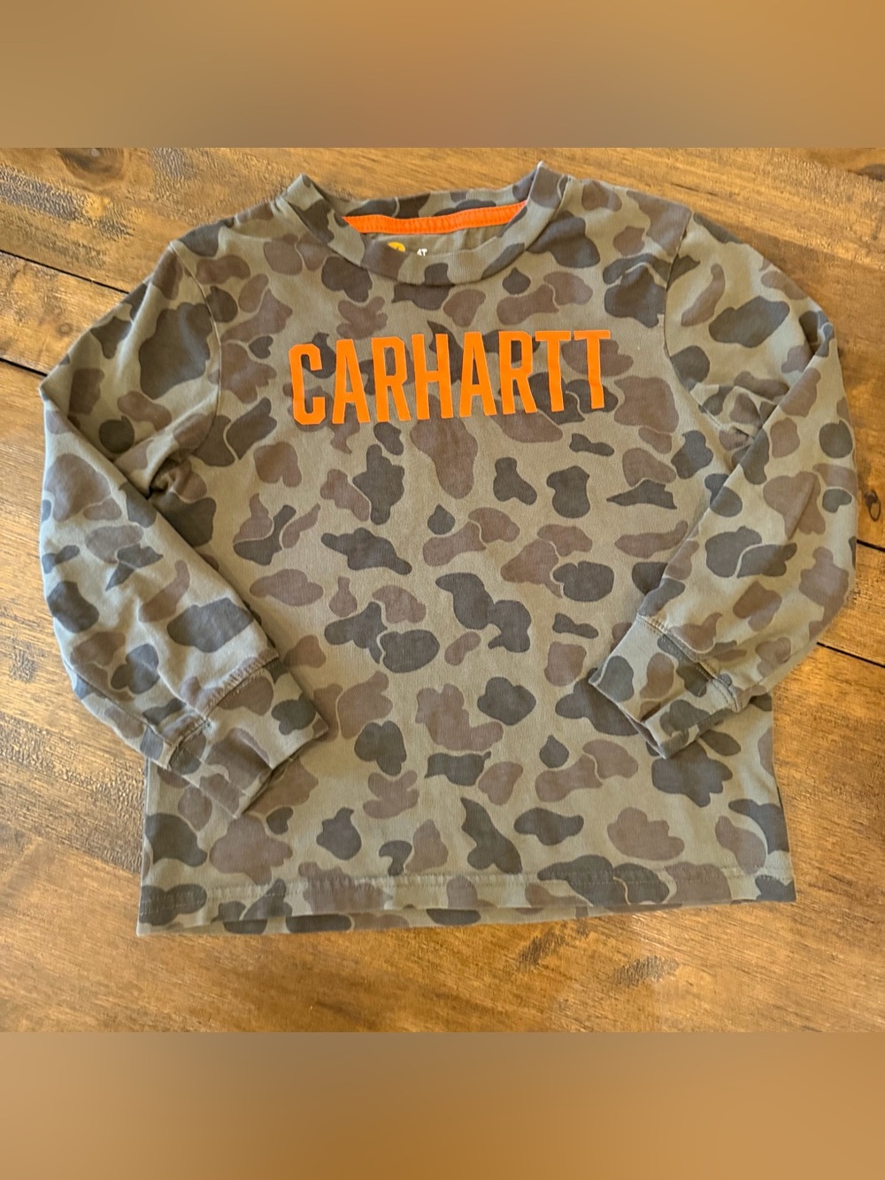 Carhartt Boys' Olive Camo Long-Sleeve Tee with Bright Orange Logo